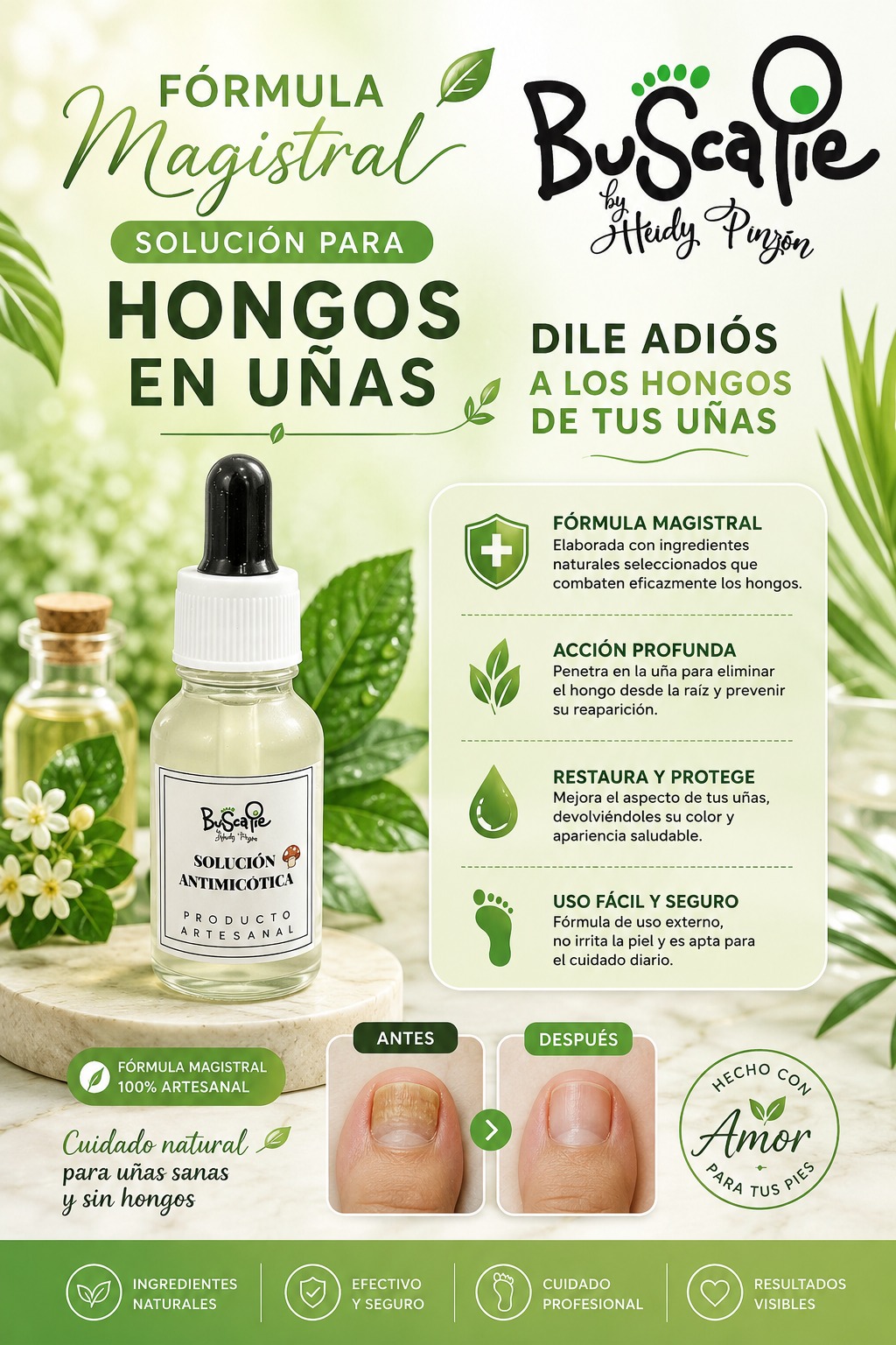 Solución antimicótica artesanal BuscaPie para hongos en uñas